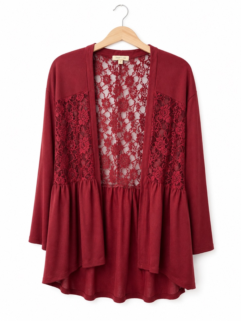 Paper Tee Wine Red Lace Open Front Cardigan Boho Peplum Top Size Small Romantic